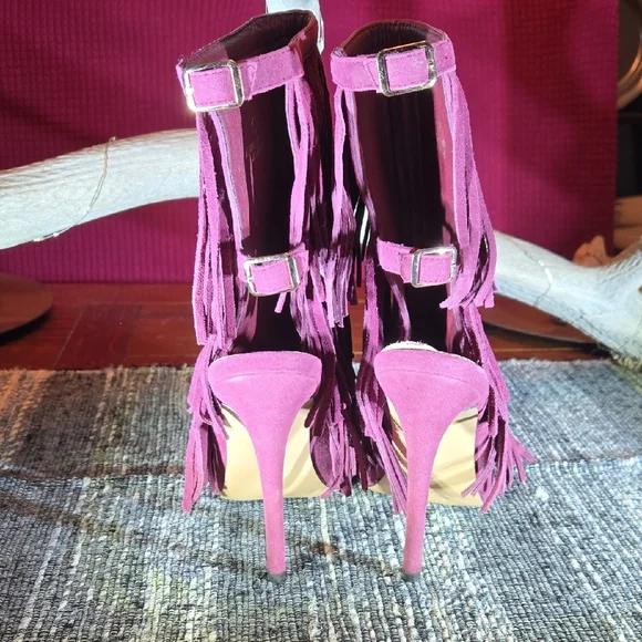 Fringed Peep-Toe Women's Shoes - Pink - Picture 3 of 11